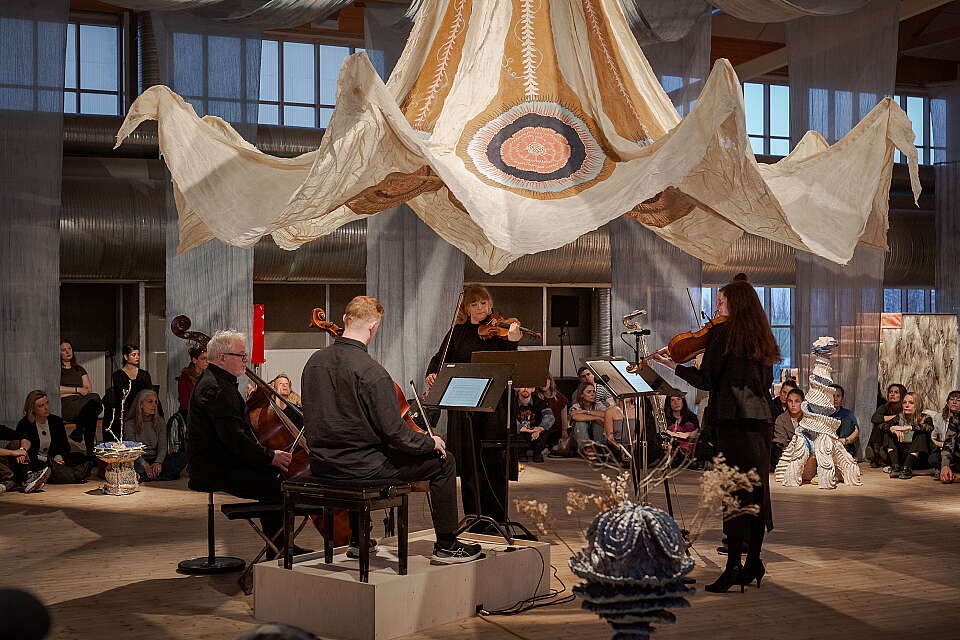 Cecilia Fiona & Sophie Søs Meyer, <i>Ghost Flower Ritual,</i> 2025.<br>Performance at Copenhagen Contemporary, 2025.<br>Photo: Farzad Soleimani.<br>