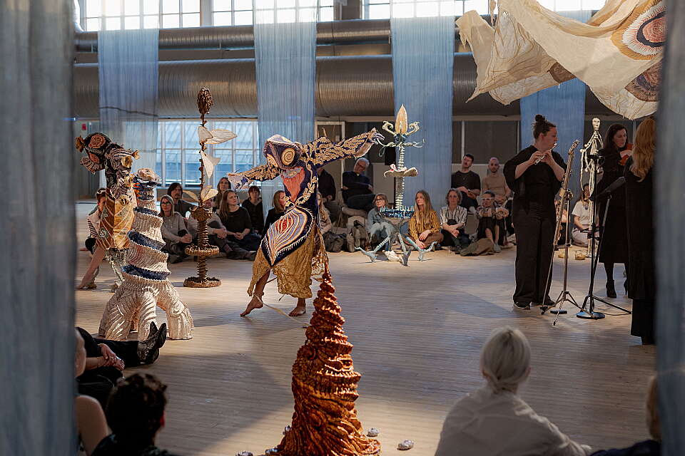 Cecilia Fiona & Sophie Søs Meyer, <i>Ghost Flower Ritual,</i> 2025.<br>Performance at Copenhagen Contemporary, 2025.<br>Photo: Farzad Soleimani.<br>